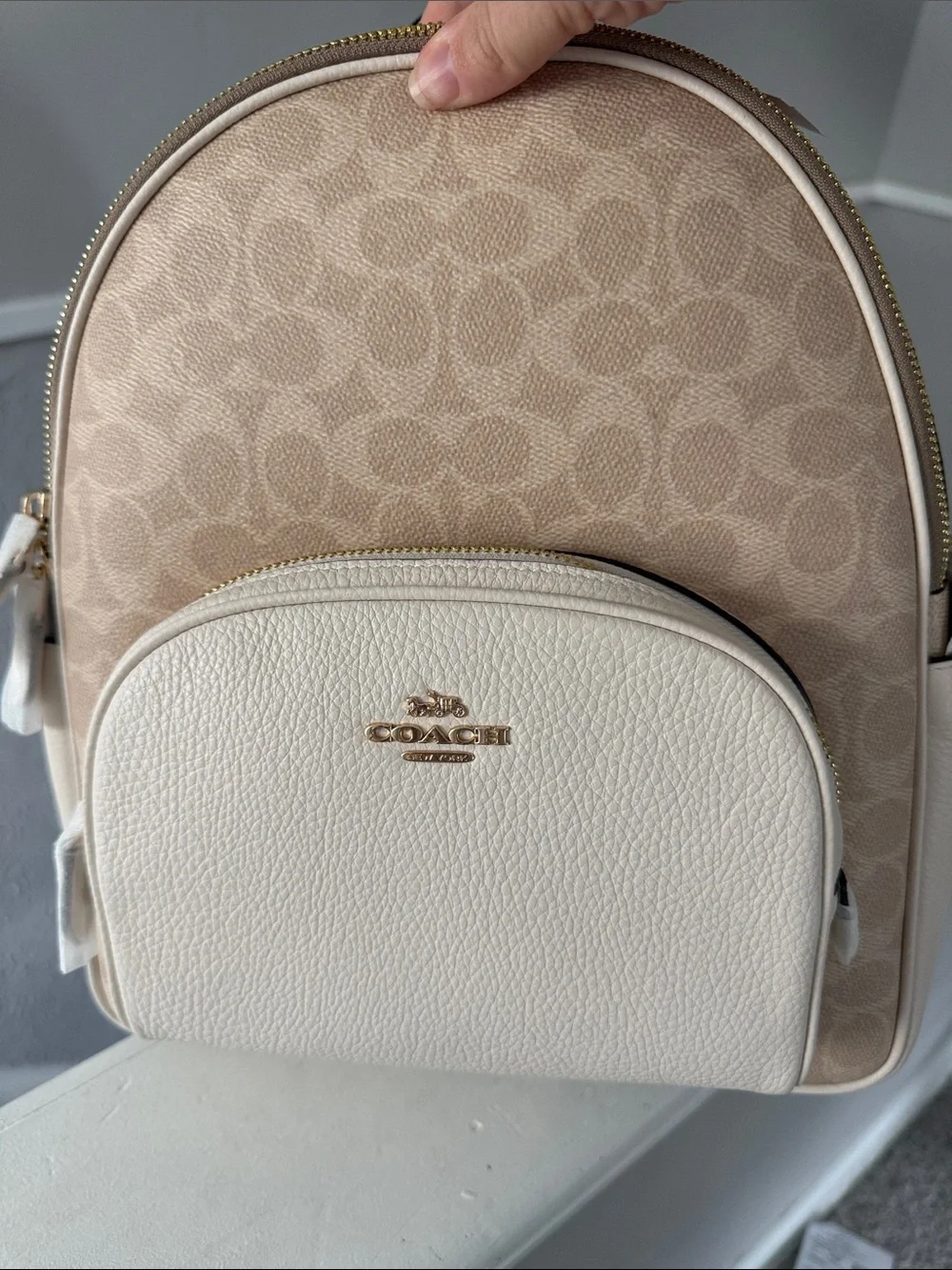 Coach Beige Signature Canvas and Cream Leather Mini Backpack with Gold Hardware